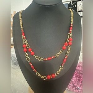 Elegant Gold tone and Red Glass Beaded Necklace Double strand